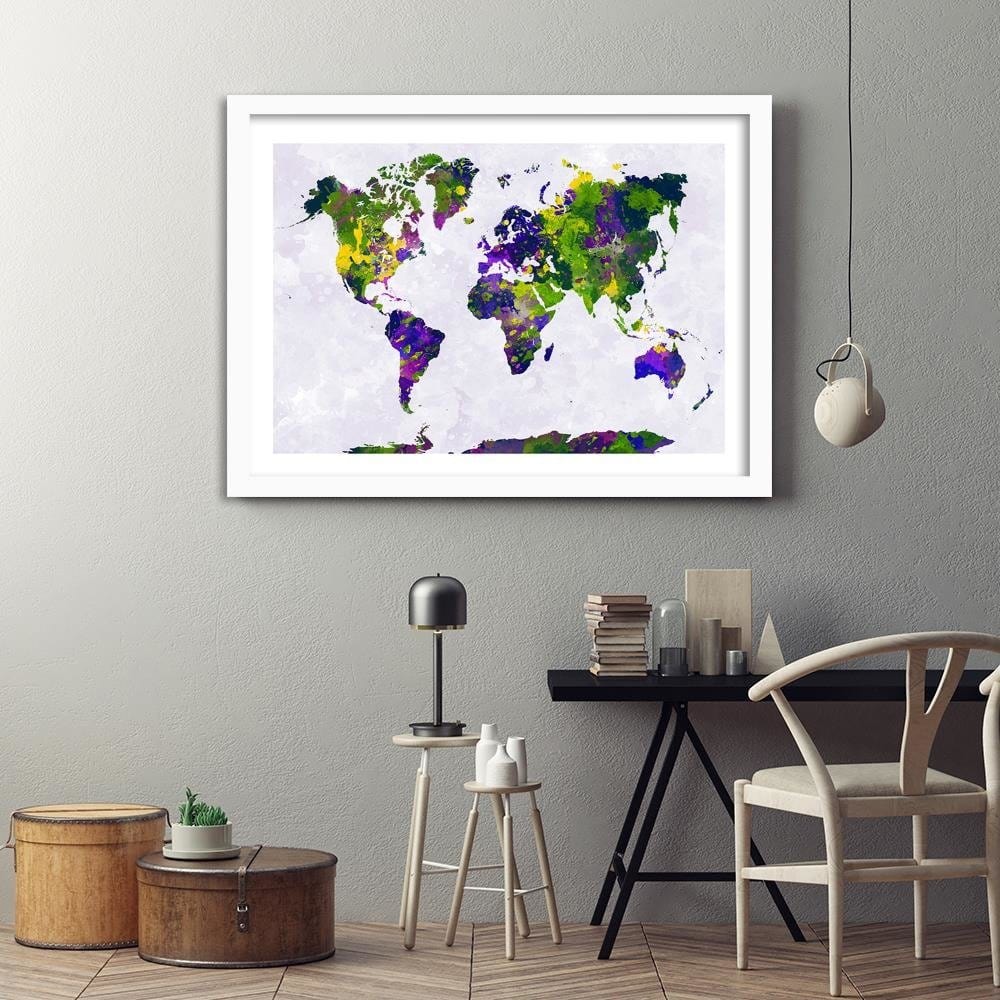 Glezna baltā rāmī - Painted World Map  Home Trends DECO