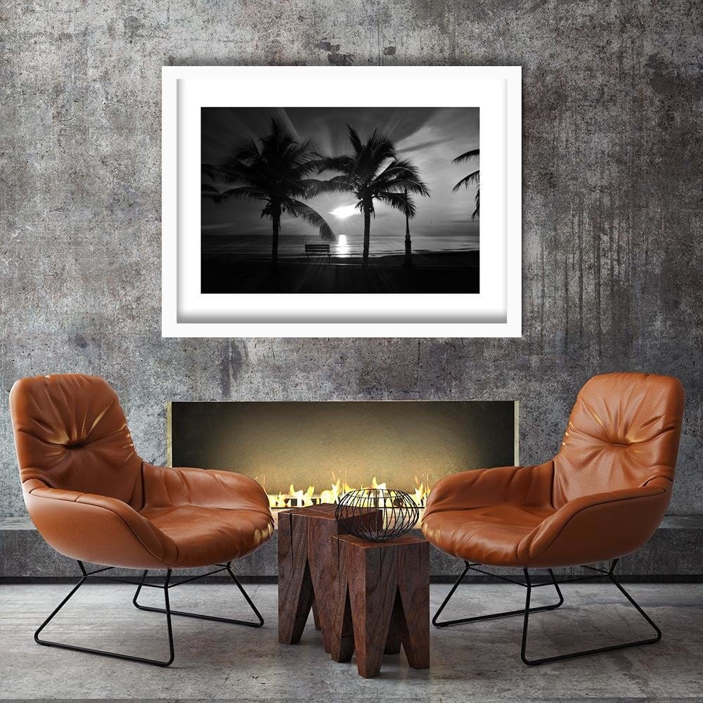 Glezna baltā rāmī - Palm Trees And Sun Rays 2  Home Trends DECO