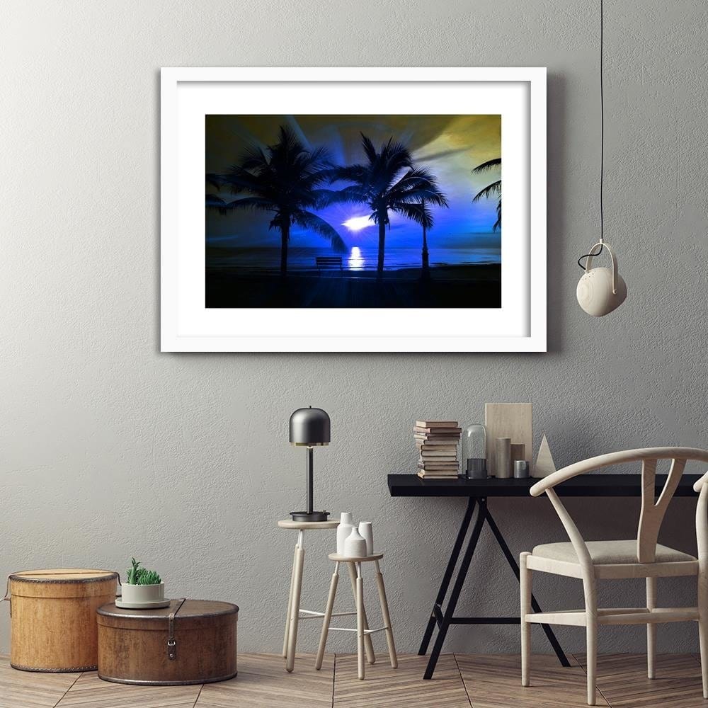 Glezna baltā rāmī - Palm Trees And Sun Rays  Home Trends DECO