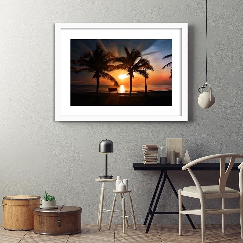 Glezna baltā rāmī - Palm Trees By The Sea At Sunset  Home Trends DECO