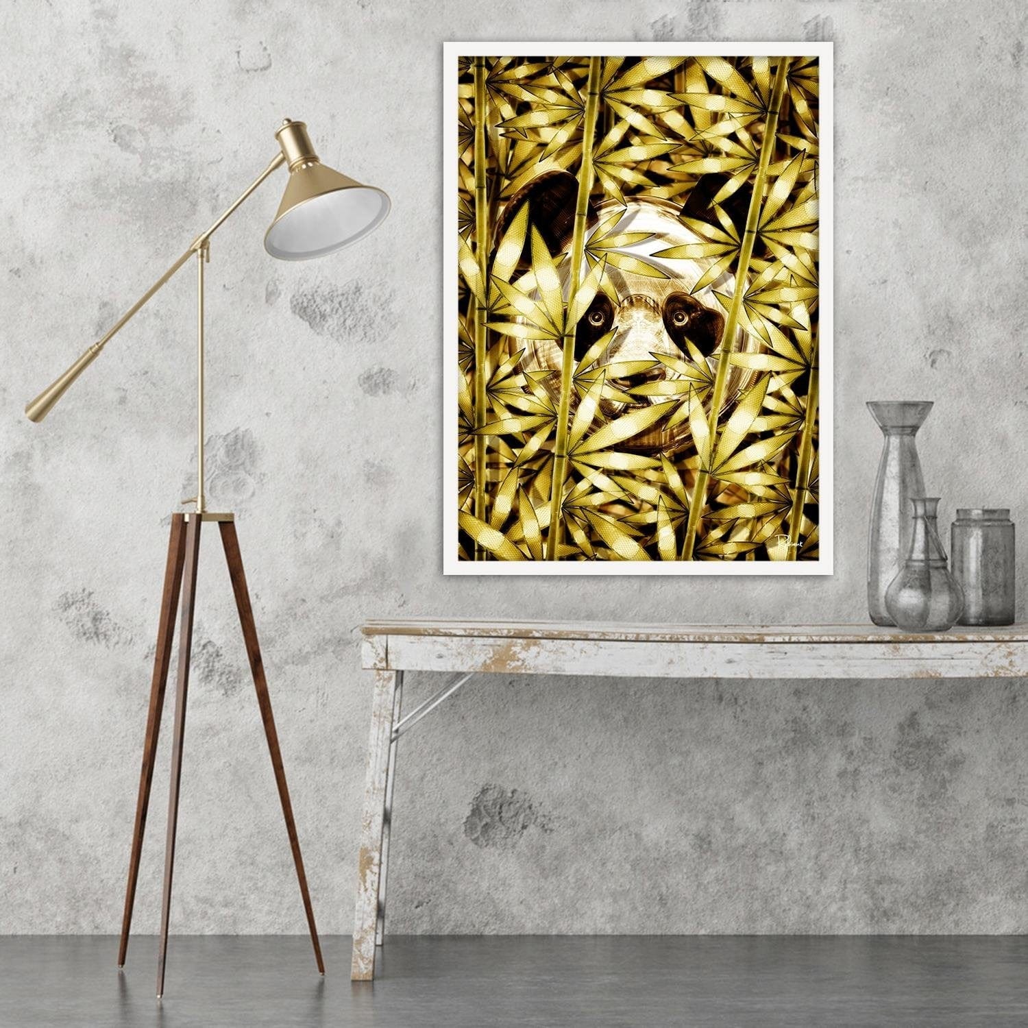 Glezna baltā rāmī - Panda Image Animal Print Gold  Home Trends DECO