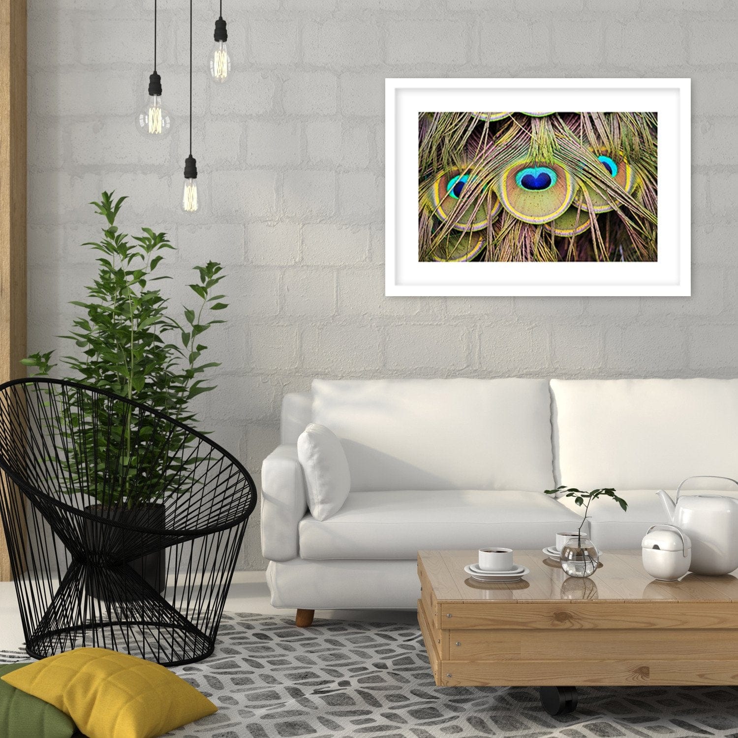 Glezna baltā rāmī - Peacock Feathers  Home Trends DECO