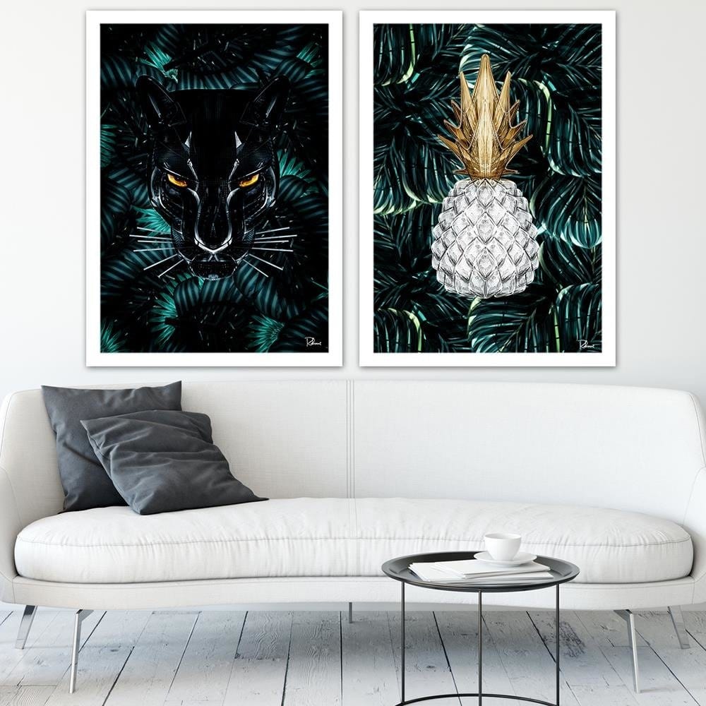 Glezna baltā rāmī - Pineapple Image Tropical Green  Home Trends DECO