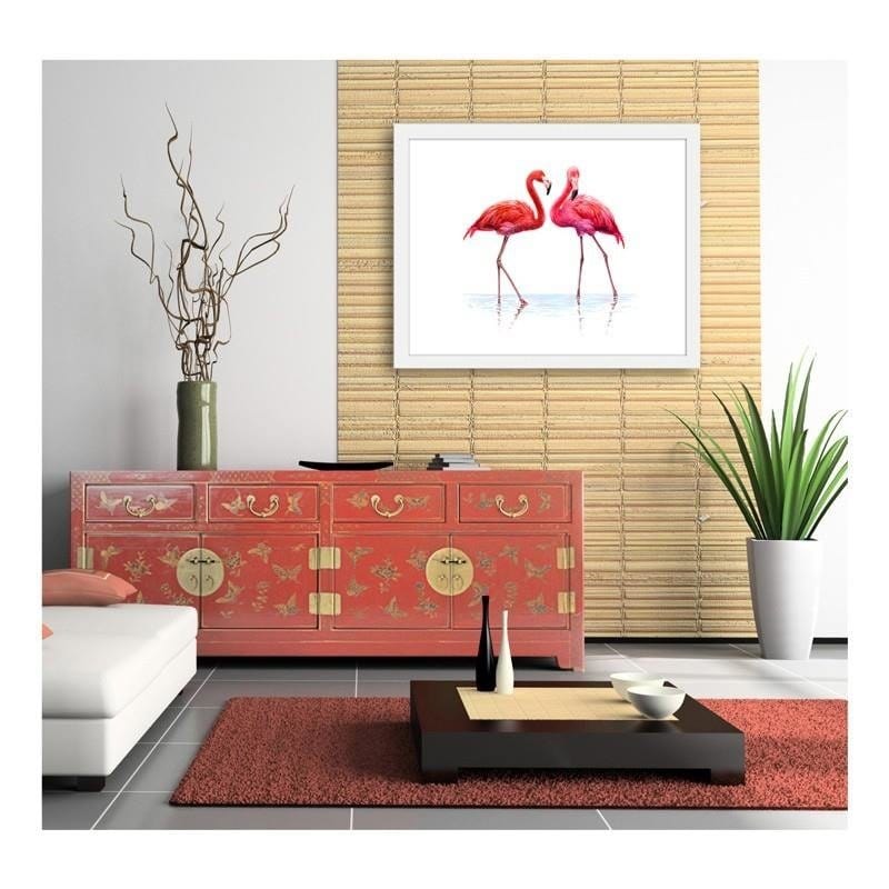 Glezna baltā rāmī - Realistic illustration of flamingos standing in the water  Home Trends DECO