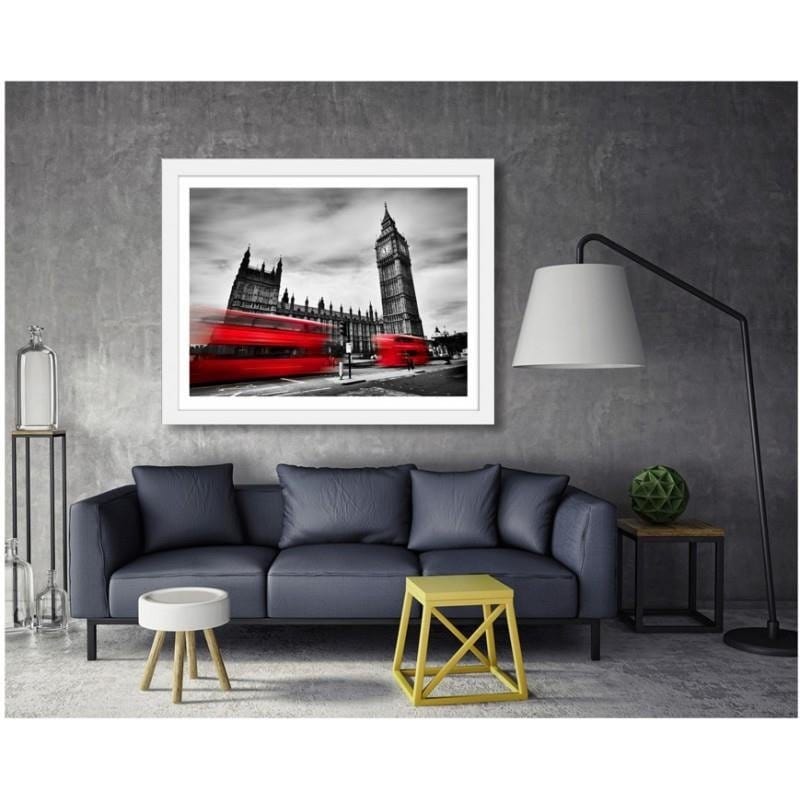 Glezna baltā rāmī - Red buses on the move and Big Ben  Home Trends DECO