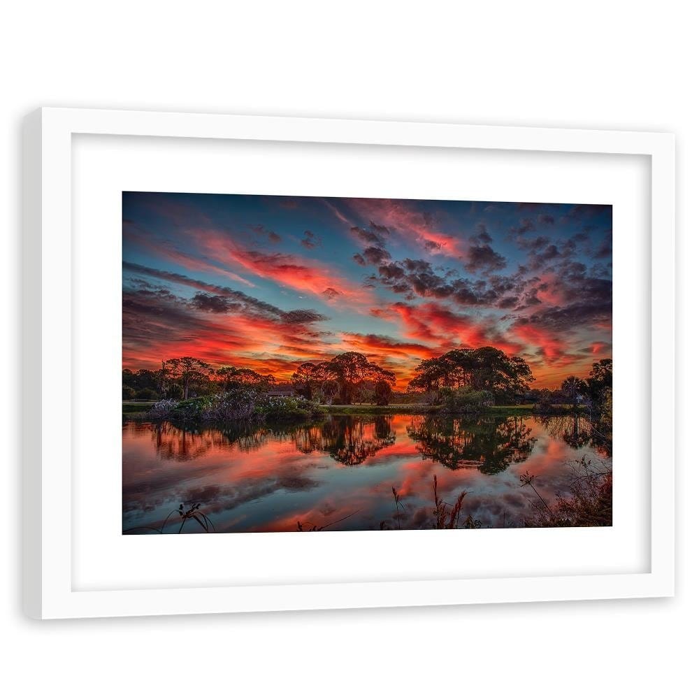 Glezna baltā rāmī - Red Clouds Over Lake  Home Trends DECO