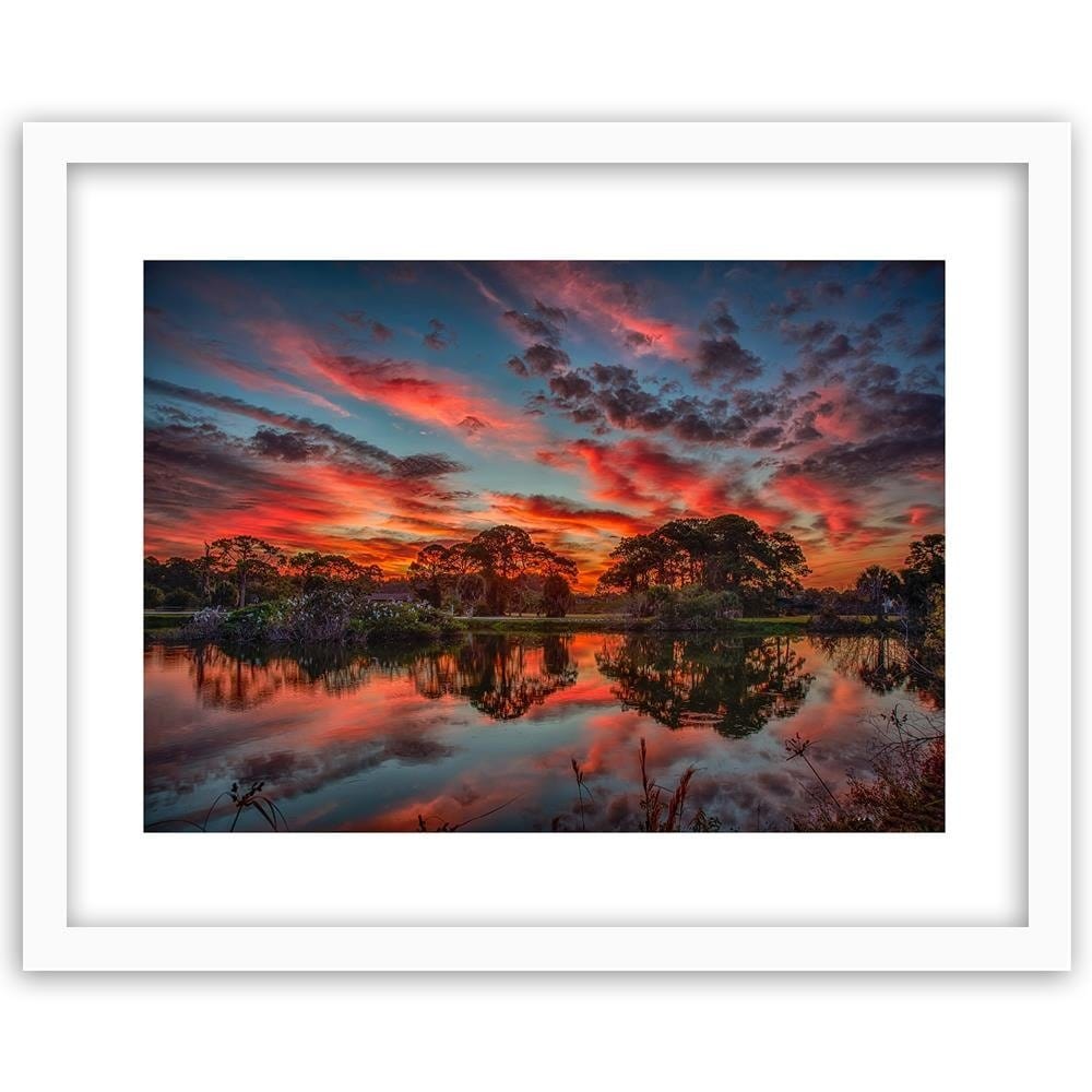 Glezna baltā rāmī - Red Clouds Over Lake  Home Trends DECO