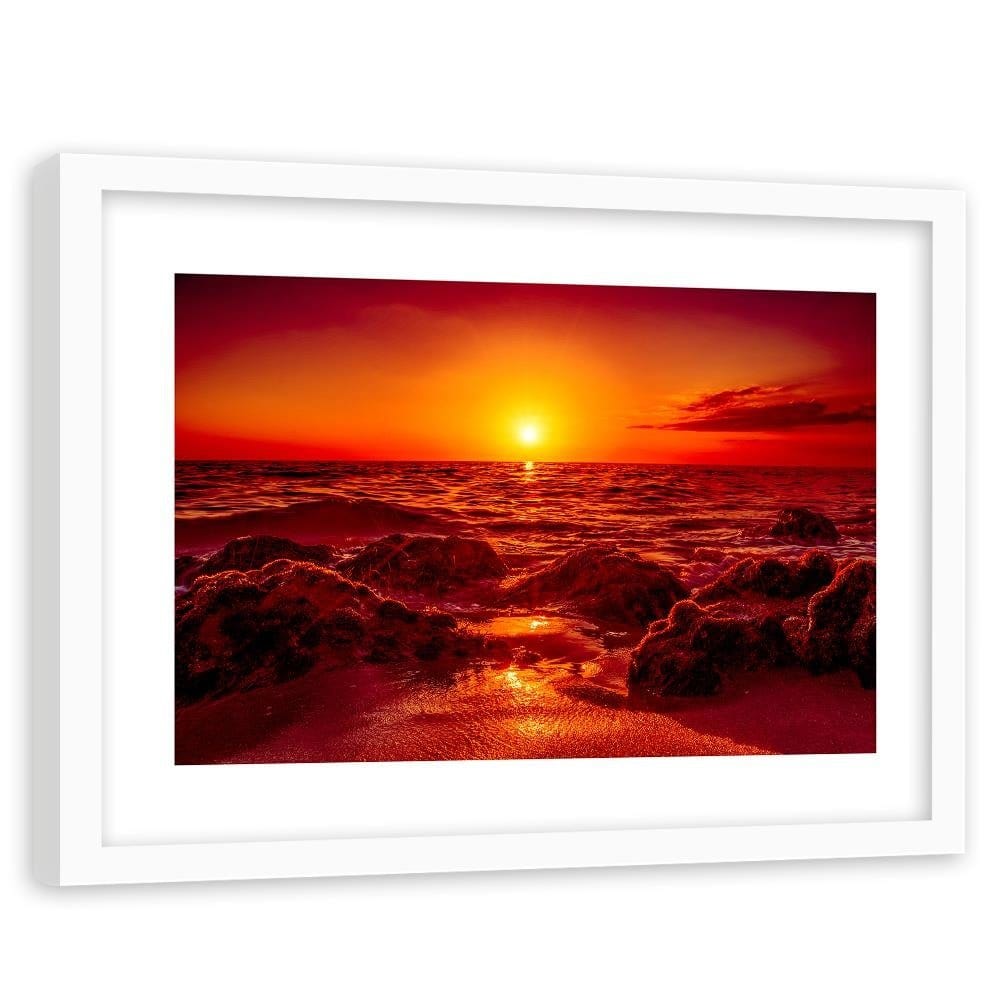 Glezna baltā rāmī - Red Sunset Over The Sea  Home Trends DECO