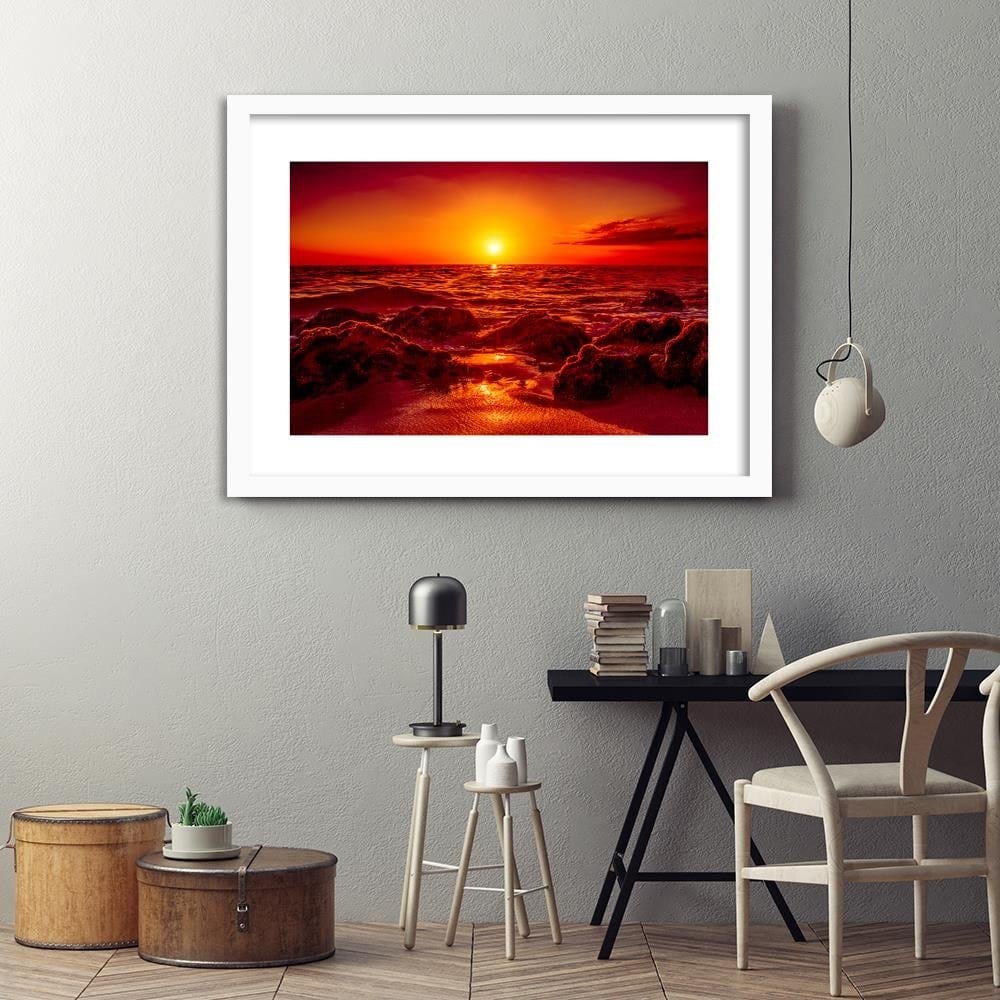 Glezna baltā rāmī - Red Sunset Over The Sea  Home Trends DECO