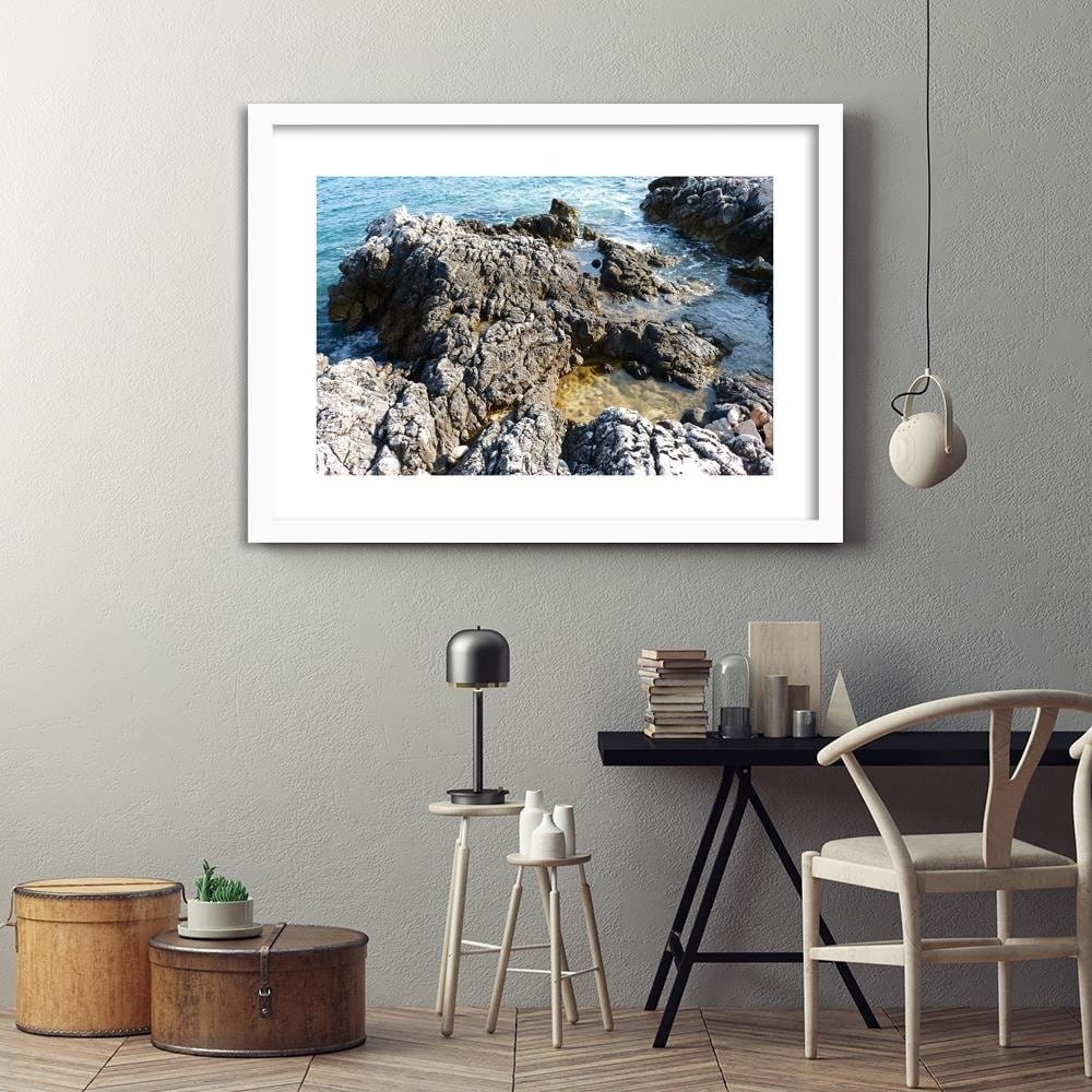Glezna baltā rāmī - Rocks On The Shore Of The Ocean  Home Trends DECO
