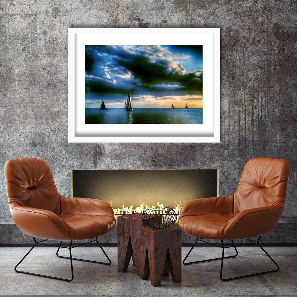Glezna baltā rāmī - Sailboats At Sea 3  Home Trends DECO