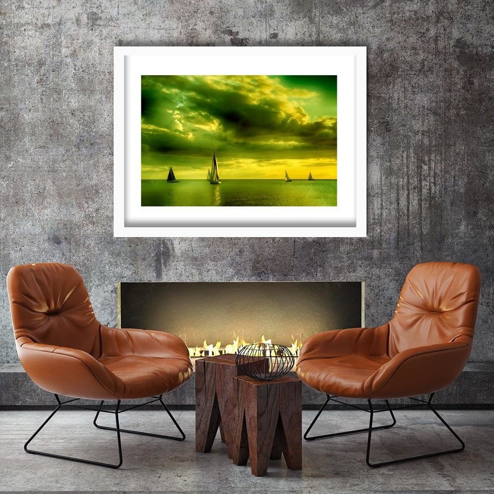 Glezna baltā rāmī - Sailboats At Sea 4  Home Trends DECO