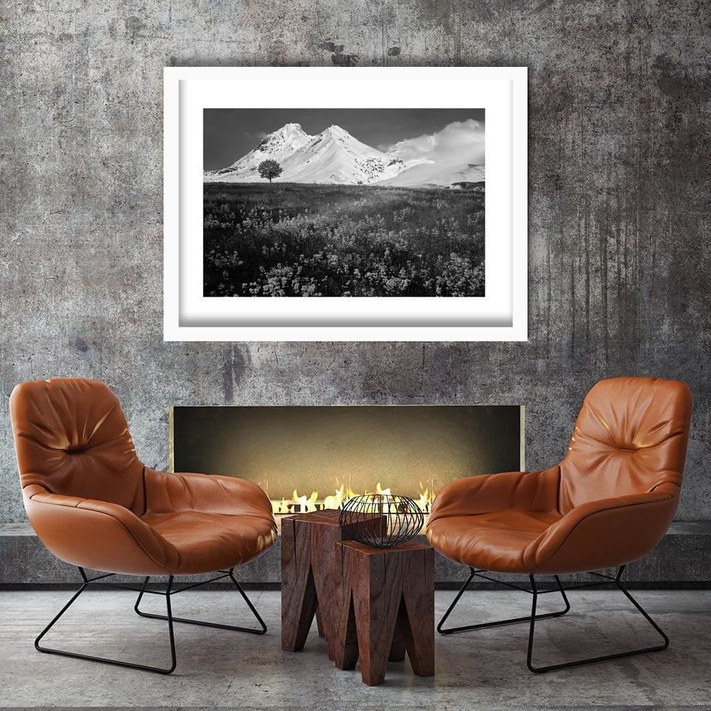 Glezna baltā rāmī - Snowy Mountains And Colorful Meadow 2  Home Trends DECO