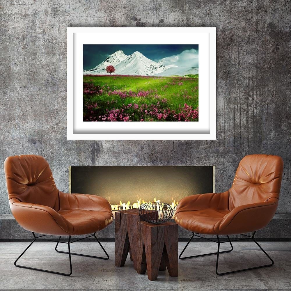 Glezna baltā rāmī - Snowy Mountains And Colorful Meadow 3  Home Trends DECO