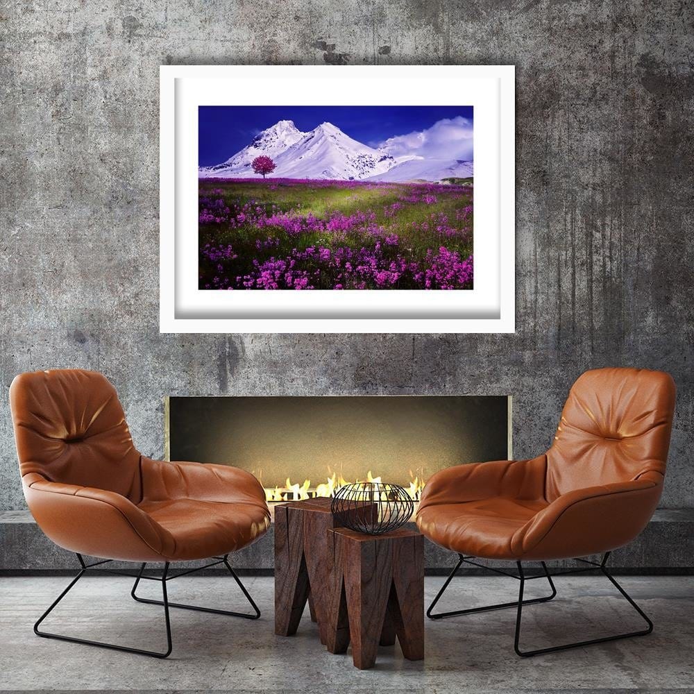 Glezna baltā rāmī - Snowy Mountains And Colorful Meadow 4  Home Trends DECO