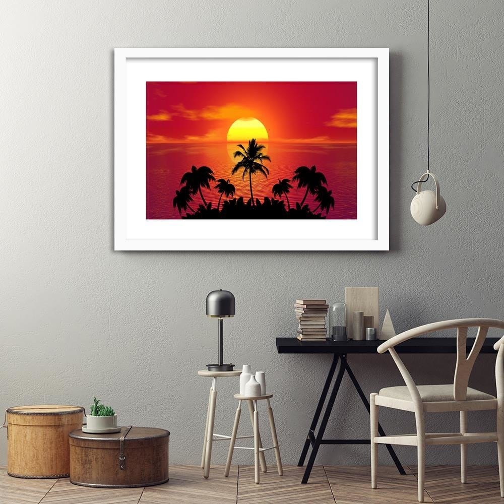 Glezna baltā rāmī - Sunset And Palm Trees 2  Home Trends DECO