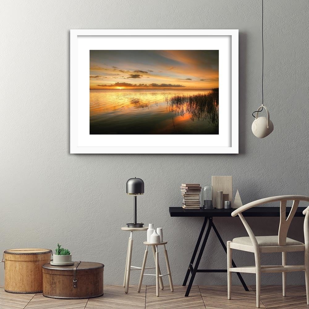 Glezna baltā rāmī - Sunset Over The Lake  Home Trends DECO