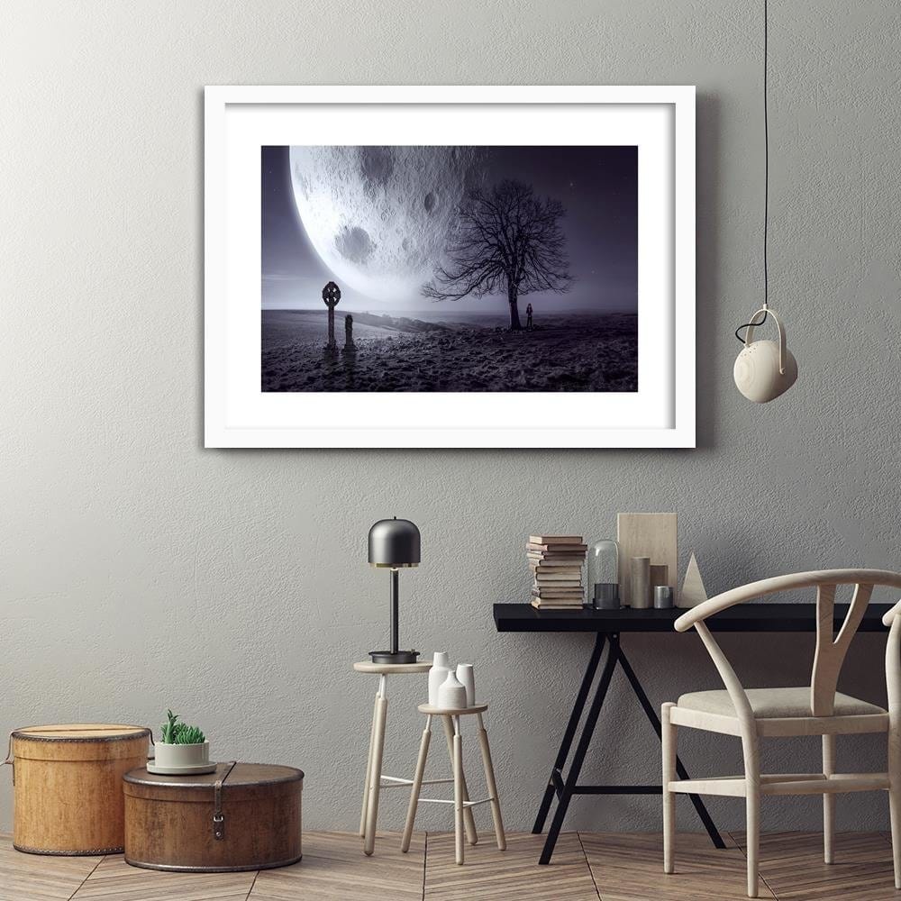 Glezna baltā rāmī - The Huge Moon Above The Earth Fantasy  Home Trends DECO