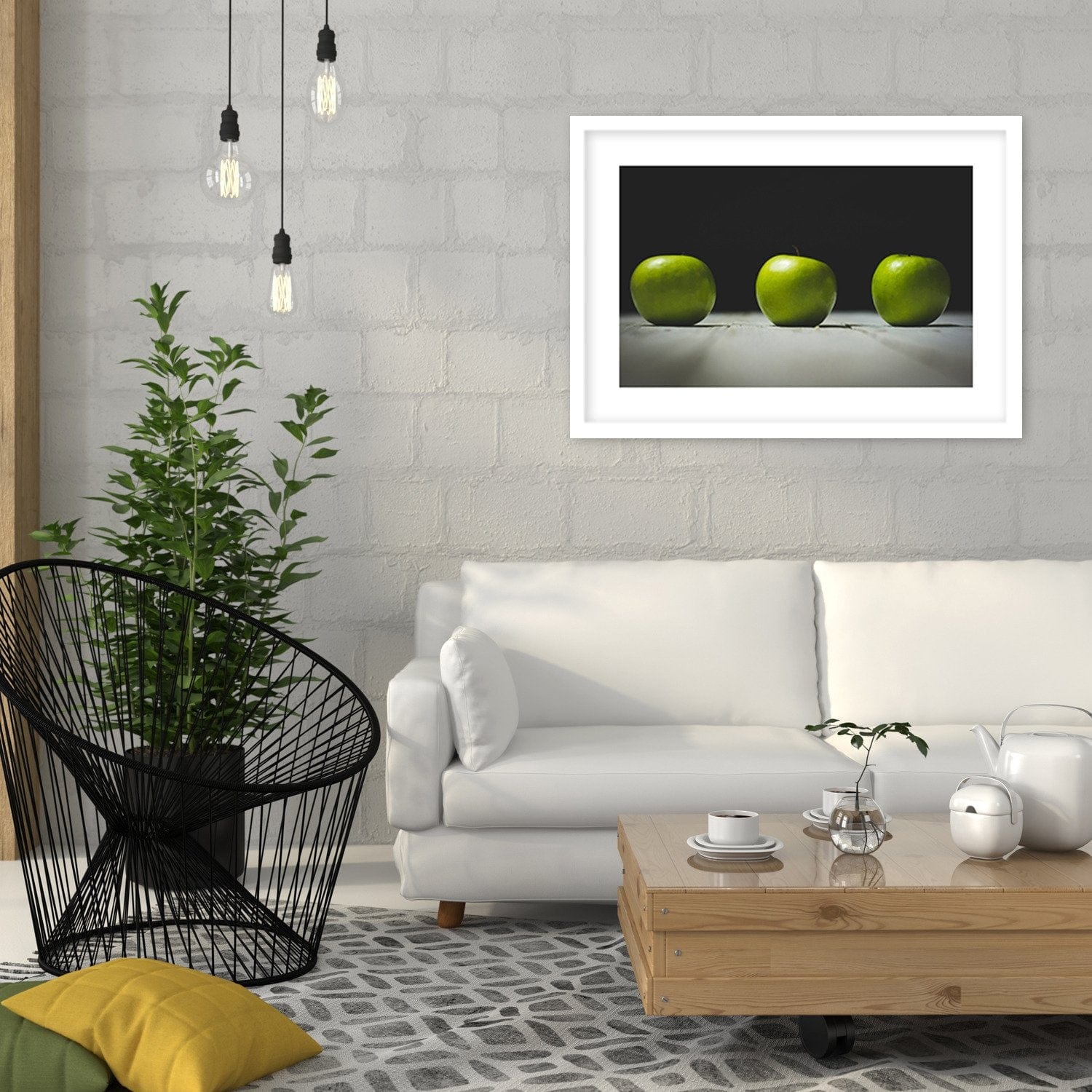 Glezna baltā rāmī - Three Green Apples  Home Trends DECO