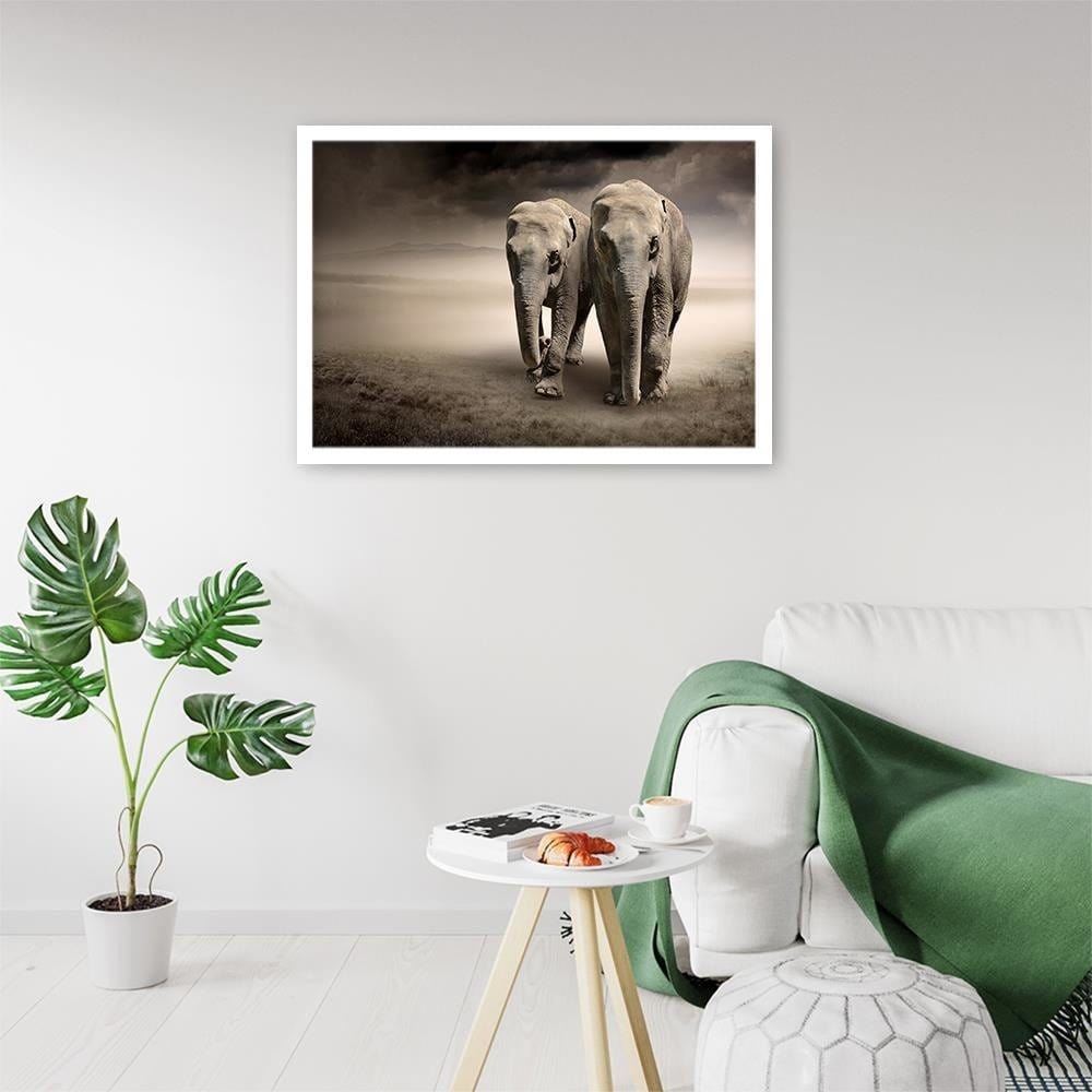 Glezna baltā rāmī - Two Elephants  Home Trends DECO