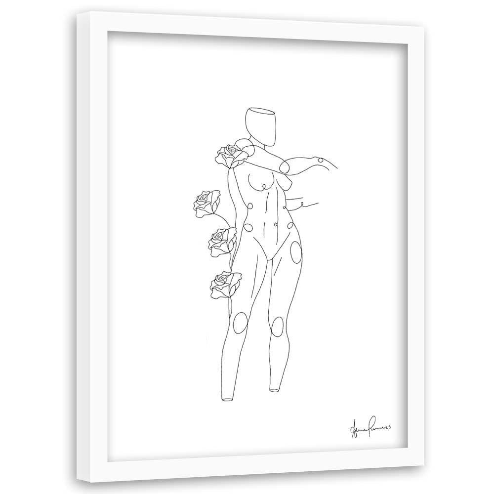 Glezna baltā rāmī - Woman And Roses Minimalism  Home Trends DECO