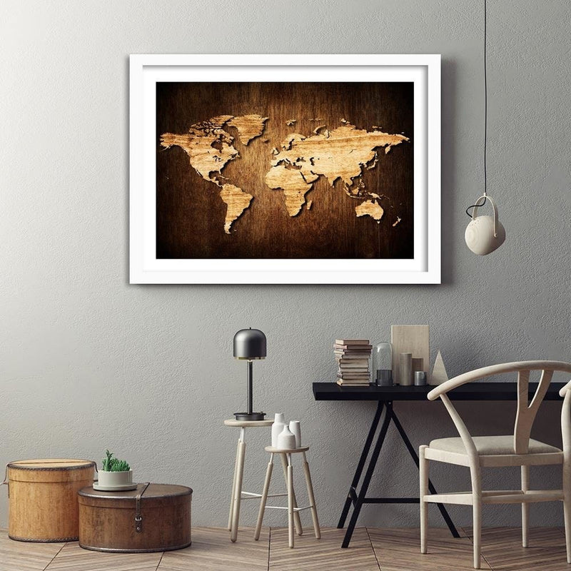 Glezna baltā rāmī - Wooden World Map  Home Trends DECO