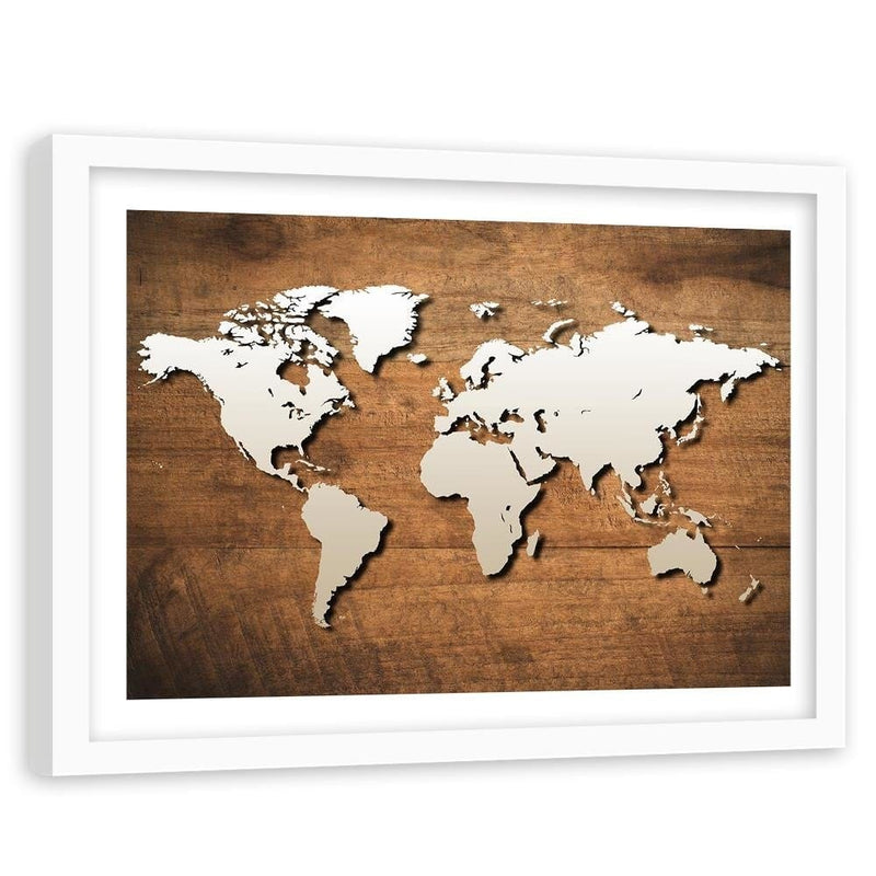 Glezna baltā rāmī - World Map On A Wooden Board  Home Trends DECO