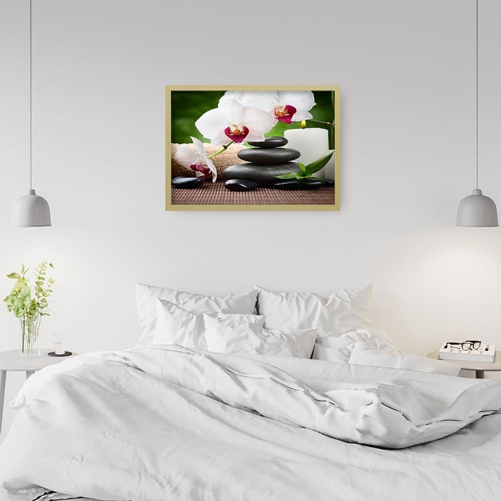 Glezna bēšā rāmī - Black Stones And White Orchid  Home Trends DECO