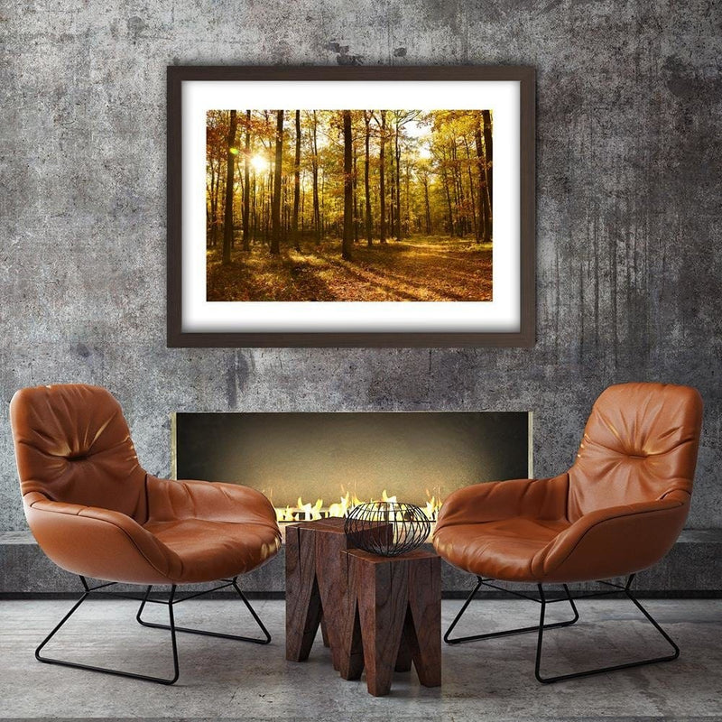Glezna brūnā rāmī - Autumn Sun Rays In The Forest  Home Trends DECO