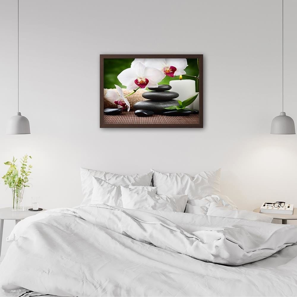 Glezna brūnā rāmī - Black Stones And White Orchid  Home Trends DECO
