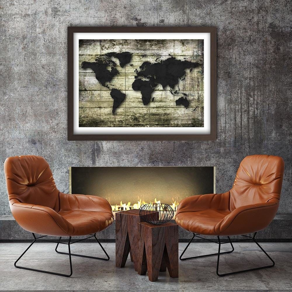 Glezna brūnā rāmī - Black World Map On The Boards  Home Trends DECO