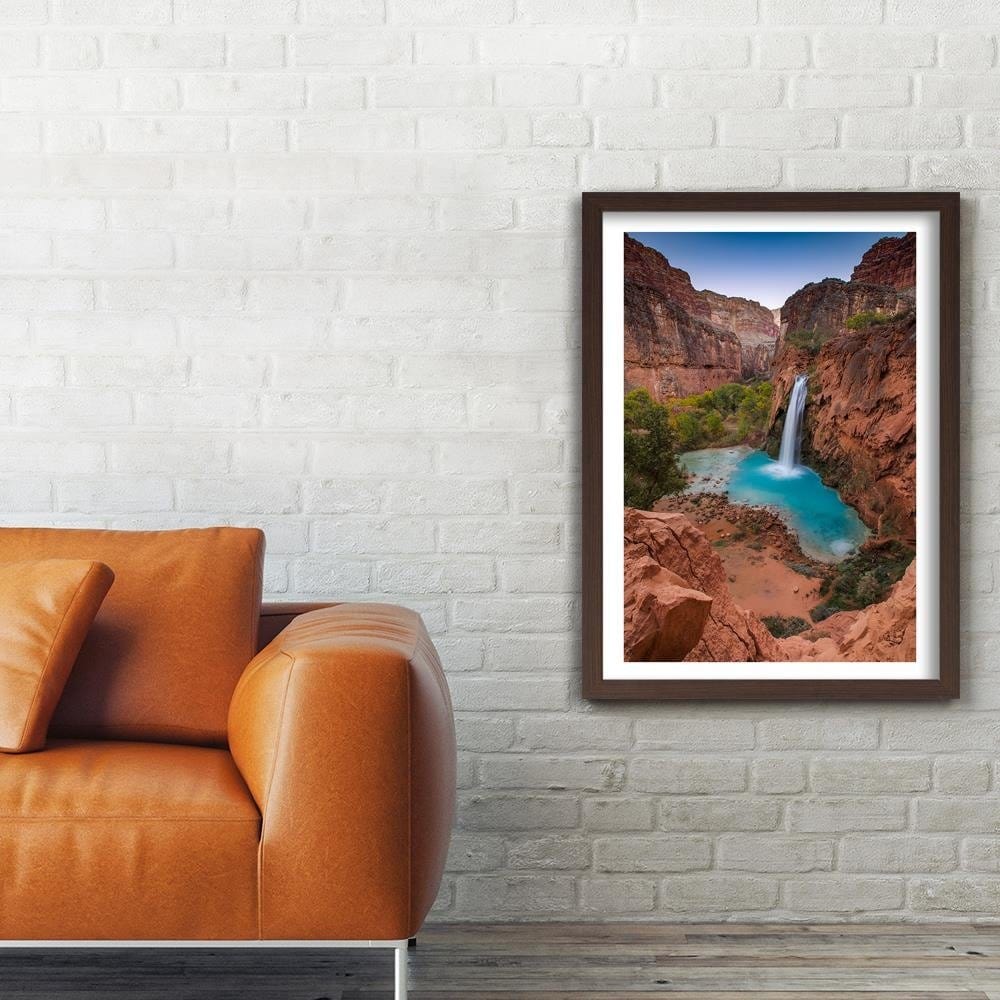 Glezna brūnā rāmī - Blue Waterfall Among The Rocks  Home Trends DECO