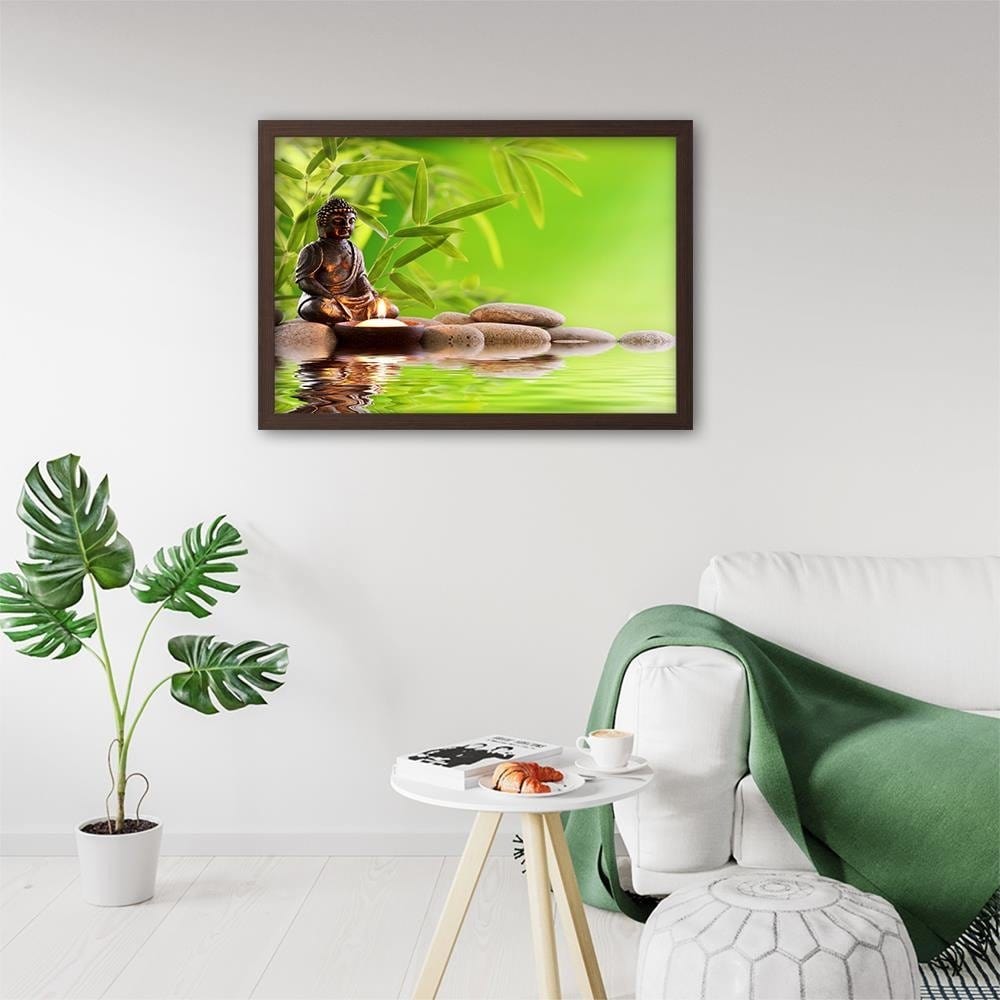 Glezna brūnā rāmī - Budda On The Green Background  Home Trends DECO