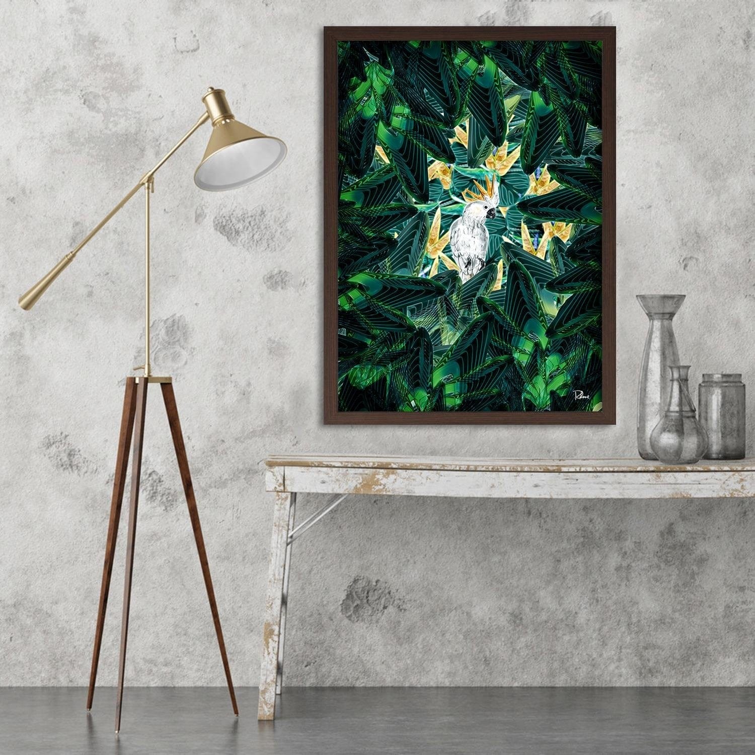 Glezna brūnā rāmī - Cockatoo Image Tropical Green  Home Trends DECO
