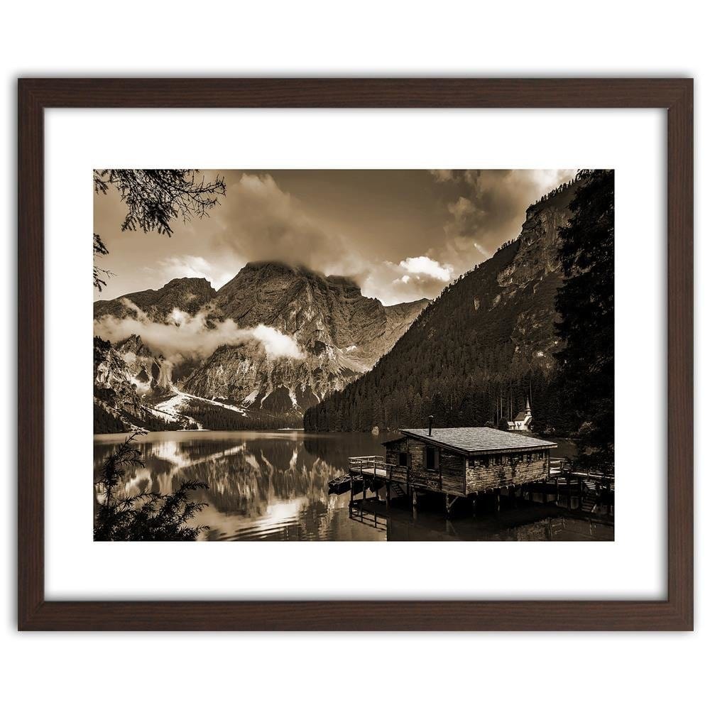 Glezna brūnā rāmī - Cottage By The Mountain Lake 1  Home Trends DECO