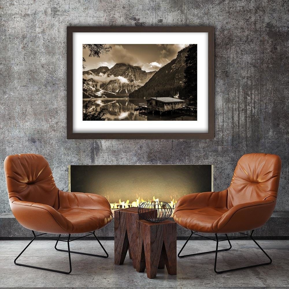 Glezna brūnā rāmī - Cottage By The Mountain Lake 1  Home Trends DECO