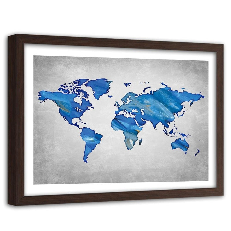 Glezna brūnā rāmī - Navy Blue Map Of The World On Concrete  Home Trends DECO