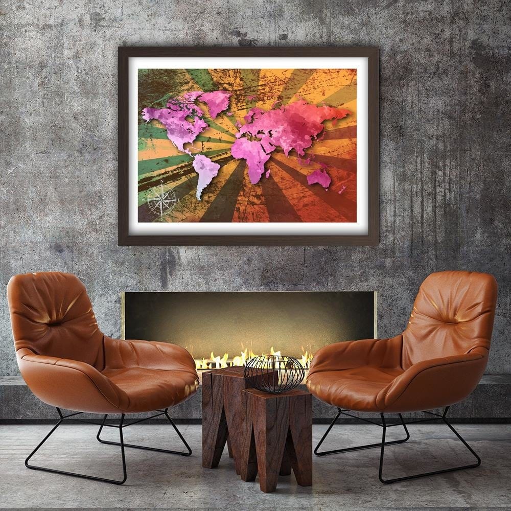 Glezna brūnā rāmī - Pink Vintage World Map  Home Trends DECO
