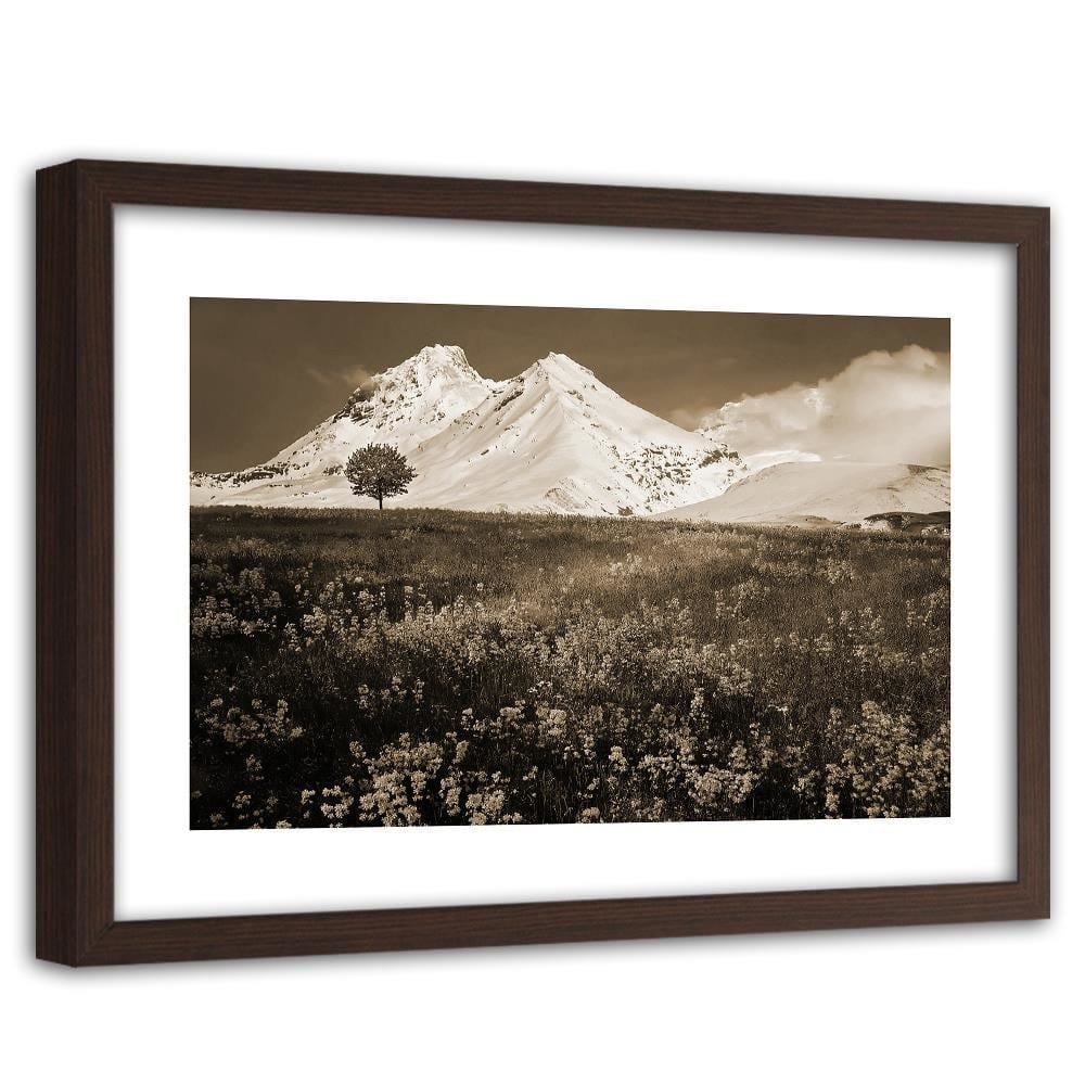 Glezna brūnā rāmī - Snowy Mountains And Colorful Meadow 1  Home Trends DECO