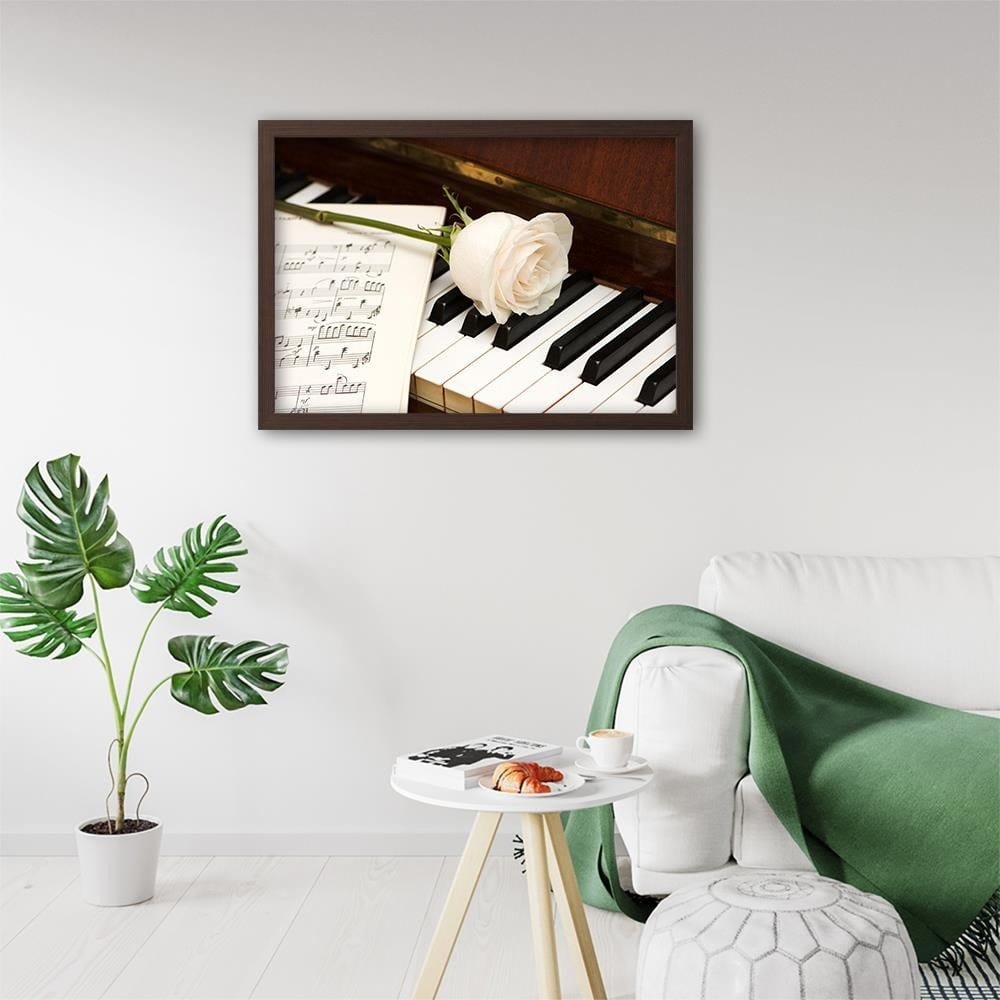 Glezna brūnā rāmī - White Rose On The Piano  Home Trends DECO