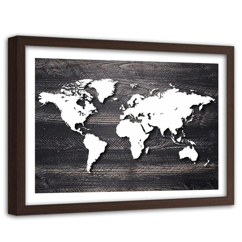 Glezna brūnā rāmī - World Map On A Gray Wood  Home Trends DECO